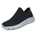 Men's slip-on knit mesh sneakers in black with breathable texture and grey thick sole - 38 / Black and Gray