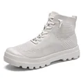 Beige high-top breathable fly-knit sneakers with thick rubber sole and ribbed details - EU 35 / Beige