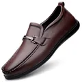 Men's dark brown genuine leather loafers with stylish metal buckle and moccasin stitching - EU 38 / Brown All-season