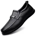 Men's black genuine leather loafers with perforated texture and metal horsebit detail - EU 38 / Black Perforated
