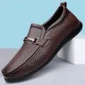 Men's brown hollowed-out leather loafers with breathable holes and metal buckle detail - EU 38 / Brown Perforated