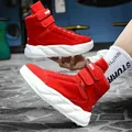 Men's red high-top fashion sneakers with platform soles and velcro straps on street background - EU 39 / Red