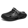 Black men's closed-toe summer garden clogs with buckle strap and sport print detail - 38-39 / Black and Gray