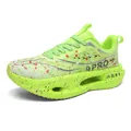 Neon green running shoes with multi-color splatter design and shock-absorbing sole - 34 / Fluorescent Green