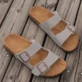 Classic grey suede cork slippers with double adjustable bronze metal buckles for unisex - EU 38 / Gray