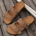 Classic cork slide sandals in tan suede with double metal buckles for men and women - EU 38 / Brown