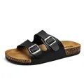 Classic black cork slide sandals with double buckle straps and synthetic leather finish - EU 38 / 808 Black