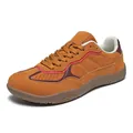Retro brown suede sneakers with red stripes and non-slip rubber sole, 45-degree angle view - EU 36 / Yellow
