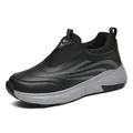 Men's slip-on winter shoes in black faux leather with warm fleece lining and gray thick sole - Black Gray (All Season)