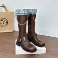 Brown vintage knee-high leather boots with denim patchwork and metal chain details - 34 / Wide Calf Lining (5599-2) / Brown