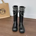 Black platform tall boots with denim cuff, silver chains, and buckle strap detail - 34 / Wide Calf Lining (5599-2) / Black