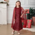 Detailed view of burgundy sleeveless sequined girls dress with long tulle cape sleeves - Burgundy / 2-3Y
