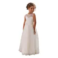 Detailed view of white sleeveless flower girl dress with lace bodice and tiered tulle skirt - Off-White / 2-3Y