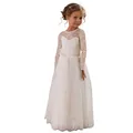 Detail of white lace flower girl dress featuring intricate floral embroidery and satin belt - Off-White Long Sleeve / 2-3Y