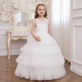 Detailed lace embroidery and multi-layer tulle mesh on white flower girl princess gown - White / 4-5Y