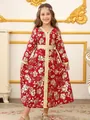 Vestido caftán rojo para niñas con motivos florales dorados y encaje decorativo - 4-5Y / Rojo