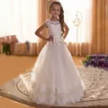 Elegant white lace flower girl dress with multi-layer tulle skirt and back bow decoration - 8-9 Years / Ivory