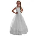 Detailed view of white lace bodice and fluffy tulle skirt with lace hem on a girl's gown - 8-9 Years / White