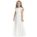 Close-up of girls white chiffon wedding dress featuring layered ruffle sleeves and pleated bodice - 8-9 Years / Beige