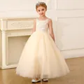 Detailed embroidery on a sleeveless lace bodice of a cream-colored girls formal gown - 8-9 Years / Champagne