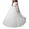Elegant white sleeveless lace flower girl dress with layered tulle skirt for parties - 4-5 / White