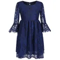 Detail of navy blue lace dress with flare sleeves and floral lace texture for girls - Dresses / Navy Blue / 4-5