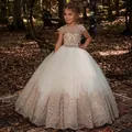 Elegant white lace flower girl dress with layered tulle skirt for princess parties - Champagne / 8-9 Years