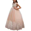 Champagne pink lace flower girl dress with sleeveless high waist and puffy tulle skirt - 2-3 / Top And Bottom / Pink