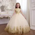 Close-up of luxury cream tulle girl's dress with gold sequins and lace embroidery details - 8-9 Years / Champagne
