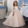 Elegant champagne tulle ball gown for girls with white lace bodice and long sleeves - 8-9 Years / Top And Bottom / Pink