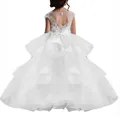 Elegant sleeveless white flower girl ball gown with heart-shaped back cutout and lace embroidery - Beige / 8-9 Years