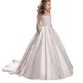 Champagne long sleeve lace satin flower girl dress with bow and elegant small train - 8-9 Years / Bottoms / Off-White