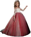 Elegant red tulle and white lace long sleeve princess ball gown for girls events - 8-9 Years / Top And Bottom / Burgundy