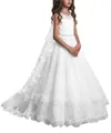 White lace flower girl dress with butterfly detail and tiered mesh princess skirt - 12-13 Years / White