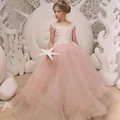 Pink sleeveless flower girl dress with lace bodice and layered mesh tail for birthday parties - Child 2-3 / Pink