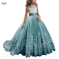 Elegant teal lace princess dress with sleeveless bodice and sequined waist for girls - 8-9 Years / Bottoms / Teal