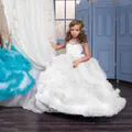 White luxury flower girl dress with layered tulle skirt and rhinestone belt detailing - White / 8-9 Years