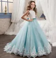 Sky blue flower girl dress featuring white lace bodice and layered tulle skirt with bow - US4 / Blue