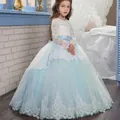 Langärmeliges Prinzessinnenkleid für Mädchen mit hellblauem Tüllrock und Spitzenbordüre - 8-9 Jahre / Blau
