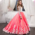 Korallenrosa Blumenmädchenkleid mit Spitze, Langarm und flauschigem Tüllrock-Detail - Rot / 8-9 Jahre
