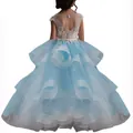 Light blue flower girl dress with heart-shaped cutout lace back and tiered tulle skirt - Blue / 8-9 Years