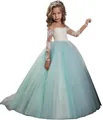 Light blue and white floor-length flower girl dress with lace embroidery and tulle - 8-9 Years / Top And Bottom / Green