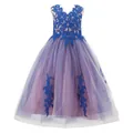 Detailansicht der blauen Spitzenapplikationen und des Tüllrocks am Mädchenkleid - Königsblau / 8-9 Jahre