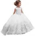 Elegant white sleeveless lace flower girl dress with layered tulle skirt for special events - 4-5 / White