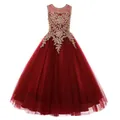 Close-up of golden lace embroidery and floral details on a burgundy girl princess gown - 8-9 Years / Bottoms / Burgundy