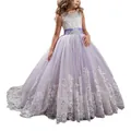 White and lavender tulle flower girl dress with lace embroidery and sequin belt - 8-9 Years / Bottoms / Purple