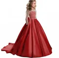 Girl's burgundy satin princess dress with white mesh bodice and back bow for weddings - 8-9 Years / Bottoms / Red