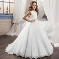 Sleeveless white lace girls ball gown with bow and embroidered tulle princess skirt - US4 / White