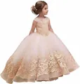 Champagne gold girl's formal dress with lace flower embroidery and mesh ball gown skirt - 4-5 / Champagne