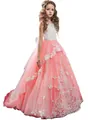Girl's lace rhinestone princess dress in coral pink with 3D butterfly tulle - 4-5 / Coral